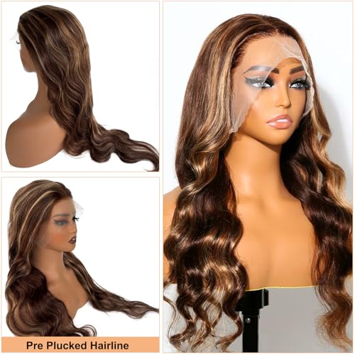 OiMiGO Lace Front Wig Human Hair 13x4 Highlight HD Transparent Lace Frontal Wigs Remy Human Hair High Density 4/27 10A Unprocessed Wigs with Natural Hairline for Women 26Inch