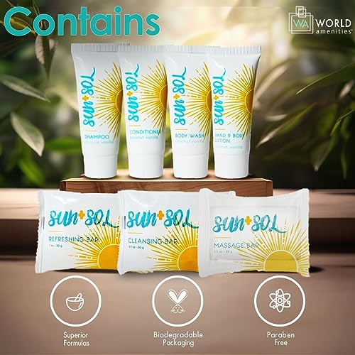 World Amenities Sun+Sol Mini Travel Size Hotel Toiletries Bathroom Kit - Case of 25 Sets - Warm Coconut & Vanilla - Shampoo, Conditioner, Body Wash, Lotion, Cleansing Bar, Soap Bar