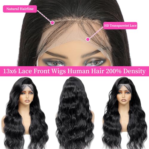 13x6 Lace Front Wigs Human Hair 200% Density Body Wave 13x6 HD Lace Frontal Wigs Brazilian Virgin Human Hair Wig Pre Plucked Invisilbe Hairline 3x Longer Lifespan 24 Inch