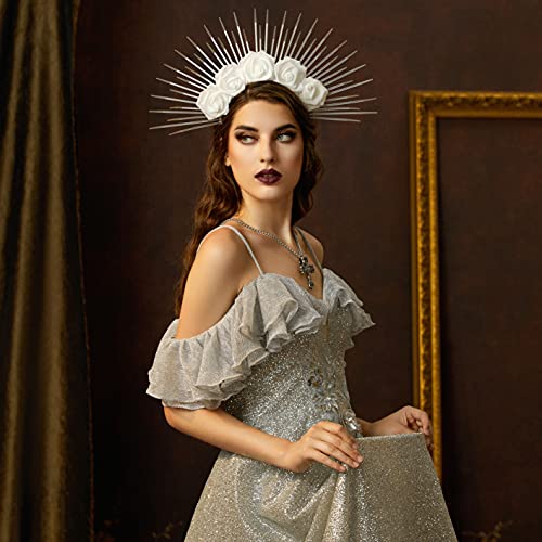 Fantherin Halo Crown with Roses Womens Mexican Flower Goddess Rose Spiked Sun Headpiece for Cosplay Halloween Costume