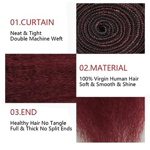 99j Brazilian Yaki Straight Human Hair 4 Bundles Yaki Human Hair Bundles 100% Virgin Kinky Straight Virgin Hair Extensions Women Girl Black Red (10 12 14)