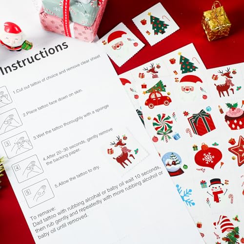 JUNEBRUSHS Christmas Glow in Dark Temporary Tattoos for Kids, 180 Individually Christmas Luminous Tattoo Stickers Santa Claus for Kids Christmas Socks Gifts Party Boys Girls Goody Bag Stuffers