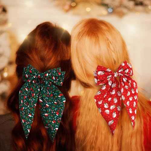 AMCAMI 3Pcs Christmas Bows Hair Clips,Bow Barrettes with Large Long Tail Ribbon,Christmas Hair Accessories Gifts Stocking Stuffers