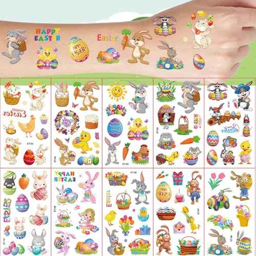 10 Sheets Happy Easter Tattoos For Kids Boys Girls Temporary Tattoos Easter Party Decoration Goodie Bag Fillers, Funny Bunny Eggs Fake Tattoo Sticker Easter Party Favor Supplies Easter Basket Stuffers