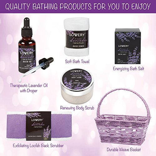 Gifts for Her, Spa Gift Basket, Luxury 9pc Bath & Body Set For Women & Men, Lavender & Jasmine Scent With Shower Gel, Bubble Bath, Lotion, Bath Salt, Body Scrub, Massage Oil, Loofah & Basket