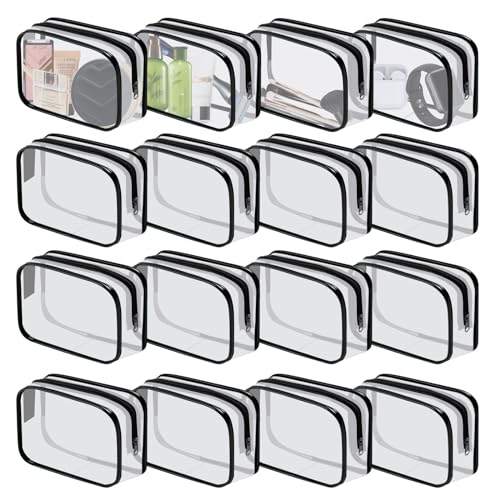 16 Pieces Clear Cosmetic Bags PVC Clear Makeup Bags TSA Approved Toiletry Bag with Zipper Waterproof Vinyl Plastic Organizer Storage Transparent Pouch for Women and Men (Black, Small)