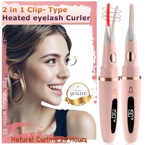 Heated Eyelash Curlers - 2 in 1 Clip- Type Heated lash Curler Best Seller Electric Eyelash Curler LED Display 3 Temp Settings for Makeup Tools USB Rechargeable Natural Curling 24H Long Lasting-Pk C1D