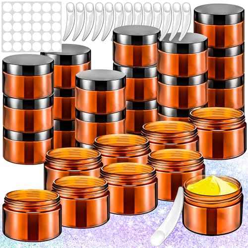 MotBach 20 Pack 1oz Amber Plastic Jars, 30ml Empty Small Round Cosmetic Jars Refillable Makeup Containers Leakproof Travel Cosmetic Containers with Black Lids for Sample Cream Lotion Powder Ointment