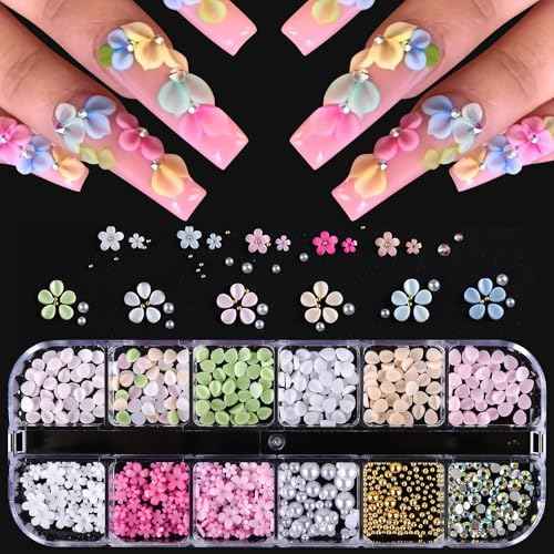Flower Nail Charms 3D Resin Colorful Petals Charms for Acrylic Nails Cute Floral Blossom Pearl Nail Decorations Spring Summer Flatback Petals Nail Accessories for Women DIY Manicure 12 Grids