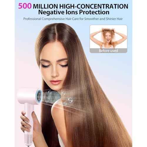 Hair Dryer,180000 RPM High-Speed Hair Blow Dryer with Brushless Motor, 500 Millions Negative Ionic Hair Dryer for Fast Drying, Quiet Thermo-Control Travel Hair dryers for Women Home Salon (Pink)