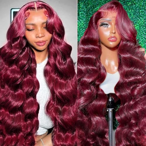 99j Burgundy Body Wave Lace Front Wigs Human Hair 13x6 HD Transparent Lace 180% Density Wine Red Colored 22 Inch