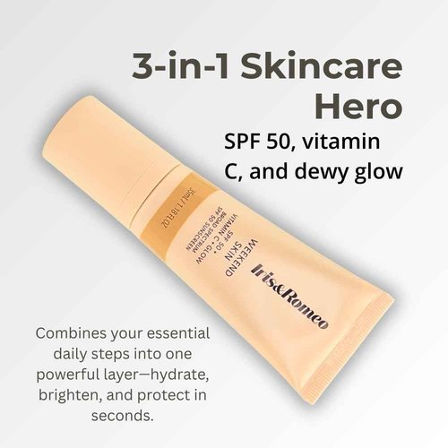 IRIS&ROMEO Weekend Skin SPF 50 Instant Glow Tinted Mineral Sunscreen with Vitamin C + Niacinamide Full Size 1.18 Oz - Universal Glow (Sheer Luminosity)