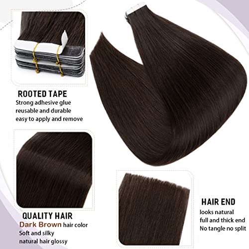 S-noilite 20Pcs 60g Remy Tape in Hair Extensions Human Hair Seamless Skin Weft Invisible Double Sided Glue in hair for women Silky Straight 24 Inch #02 Dark Brown Color