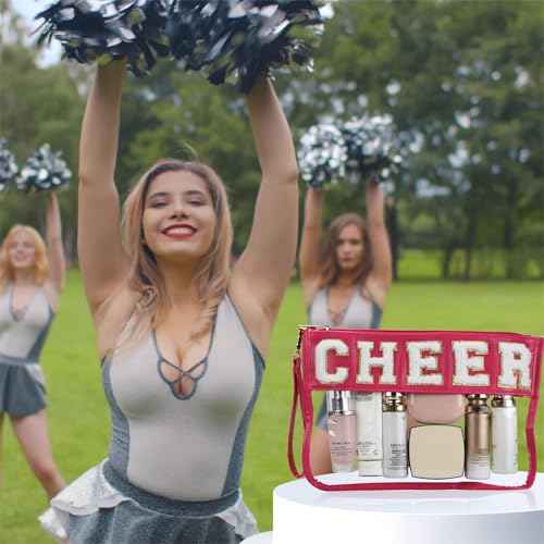 Cheer Chenille Letter Bags Clear Makeup Bag, Cheerleader Gifts Cosmetic Bag, Varsity Preppy Patch Flat Pouch Cheer Accessories, Waterproof PVC Organizer Toiletry Bag for Women Girls