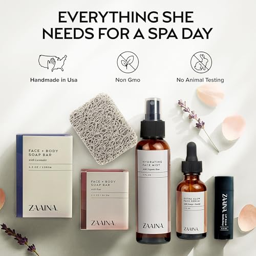ZAAINA Spa Gift Basket for Women - Natural Self Care Kit, Handmade Soaps, Face Mist, Serum - Deluxe Set