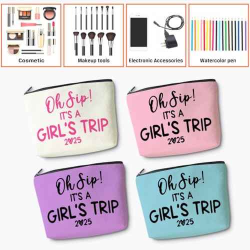 4 Pcs Girl Trip 2025 Makeup Bag Funny Girls Trip Gifts Favors Girls Weekend Gifts Weekender Bag Summer Vacation Birthday Christmas Cosmetic Bag Bachelorette Party Friendship Gifts for Women BFF Friend
