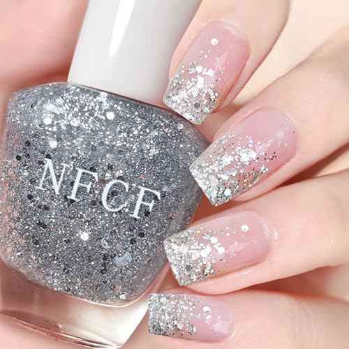 NovaCharm Glitter Nail Polish - Silver Nail Varnish Glitter - Diamond Flash Clear Nail Gel - Quick Dry Nail Polish Air Dry - Long Lasting Fingernail Polish Sparkle For Women Manicure DIY