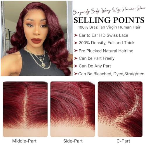 Gemlong 22 Inch 99J Burgundy Lace Front Wigs Human Hair Body Wave 13x4 HD Transparent Pre Plucked Glueless Lace Frontal Wig Human Hair 200% Density Red Wine Colored Human Hair Wigs for Women