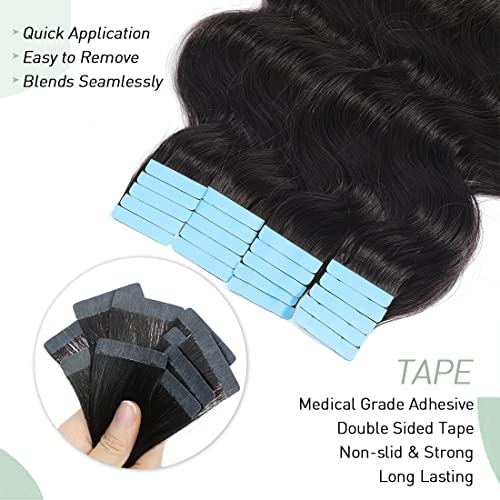 Tape In Hair Extensions 100% Real Remy Human Hair 100g 40pcs/Set Brazilian Virgin Hair Body Wave Tape Ins for Black Women Wavy Seamless Invisible Skin Weft Extensions 18 Inch