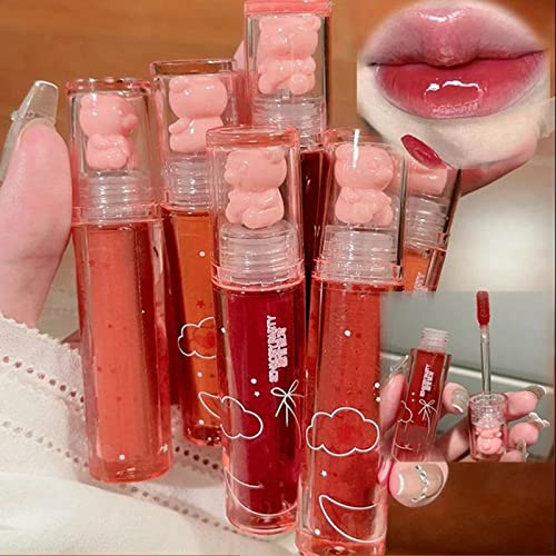 2Pcs Bear Lip Glaze Jelly Lipstick,Liquid Lipstick Cute Bear Lipgloss Moisturizing Lip Stain Plumping Water Lip Gloss Waterproof Long Lasting Cheek Rouge Tint Cosmetics Bear Beauty Makeup