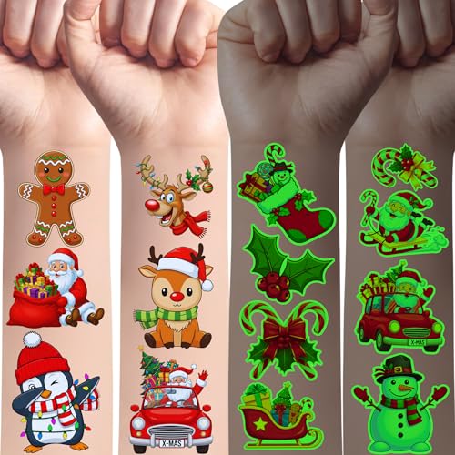 Glow In Dark Christmas Temporary Tattoos | Luminous Christmas Decorations Accessories Party Favors Supplies Goodie Bags Stocking Stuffers Xmas Santa Claus Snowman Gift Idea For Kis Teen Adult-60Pcs