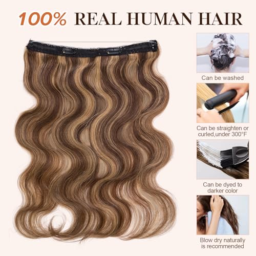 Halo Hair Extensions Real Human Hair,S-noilite 100% Wavy Human Hair Halo Extensions for Women65g/16inch 4P27 Medium Brown Mixed Dark Blonde