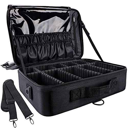 gzcz Large Capacity Travel Makeup Train Case,Professional Cosmetic Bags for Women,Portable Makeup Brush Bag Organizer Storage with Adjustable Dividers and Shoulder Strap