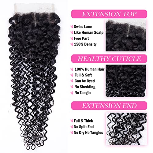 Kinky Curly Bundles and Closure Brazilian Human Hair Bundles with Closure Unprocessed Virgin 3 Bundles with 4x4 Lace Closure(14 16 18+12) Natural Color