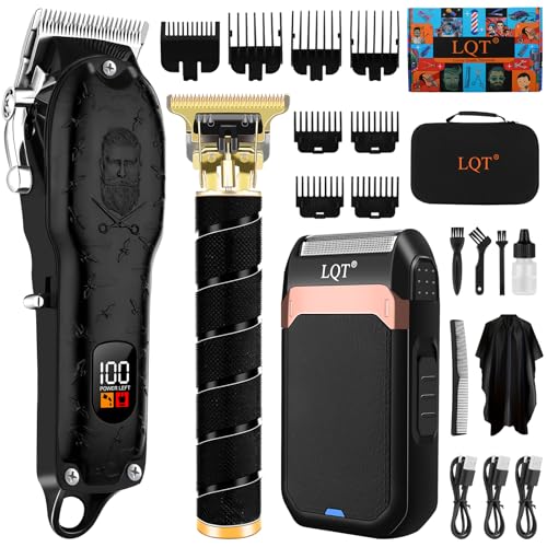 Vintage Black Professional Hair Clippers for Men, Cordless T-Blade Beard & Mustache Trimmer Kit, LED Display, Rechargeable Electric Hair Cutting Machine for Home & Barber, Best Gift for Holidays
