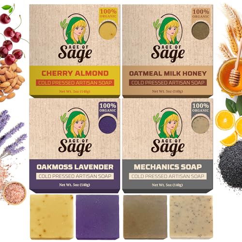 Moisturizing Cold Process Artisan Natural Bar Soap Gift Set for Women - 4pk Honey & Him Scent: Cherry Almond, Oatmeal Milk Honey, Oakmoss Lavender, & Mechanics Soap