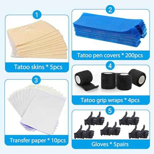 224pcs Tattoo Practice Kit - Include 200pcs Large Tattoo Machine Pen Covers 4pcs Tattoos Grip Wraps 5pcs 3mm Tattoos Skins 10pcs Transfer Paper and 5 Pairs of Gloves for Tattooing Beginner Supplies