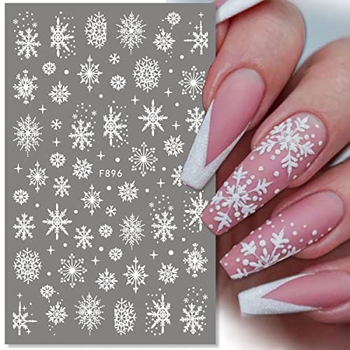 8 Sheets 3D Snowflake Nail Art Stickers Christmas Nail Decals Self-Adhesive White Glitter Snowflake Nail Stickers Reindeer Snowflakes Nail Design Winter Xmas Nail Decoration for Women Girls