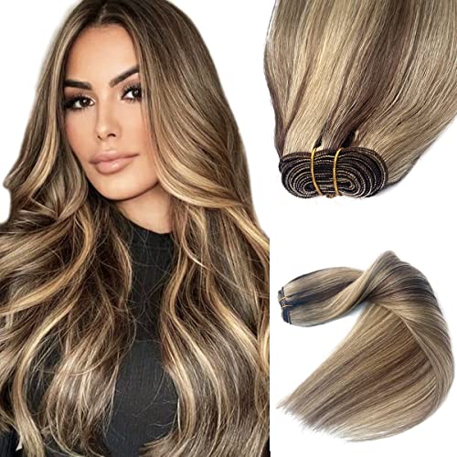 Sew in Hair Extensions Real Human Hair, Weft Hair Extensions Human Hair Bundles, Brown Balayage Ash Blonde Hand Tied Weft Hair Extension Human Hair, 22 Inch 120G Sew in Extensions for Women