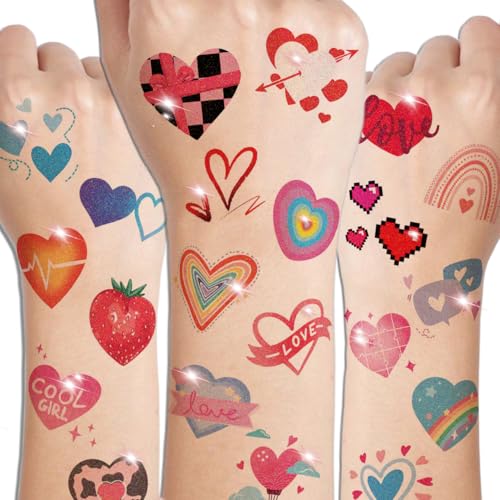 Glitter Heart Temporary Tattoos for Party Decoration - 74 Individually Sheets | Waterproof & Easy Peel | Cute Tattoos Stickers for Girls Women