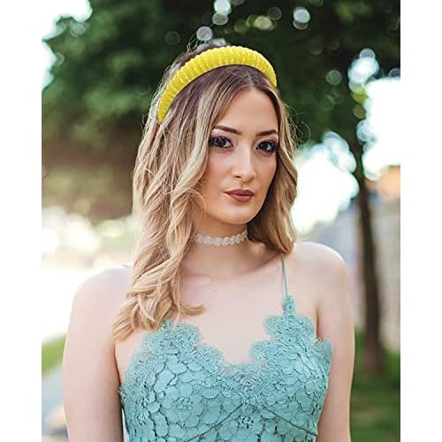 Wecoe Yellow Headband Fashion Rhinestone Padded Headband Women Cute Fancy Bling Diamond Sparkle Crystal Beaded Hairband Homecoming Prom Holiday Hair Accessories For Women Girls Birthday Gifts