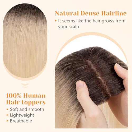 Benehair 12 Inch Hair Toppers For Women Real Human Hair 150% Density 4 * 4.7'' Hand Made Lace Base 100% Remy Human Hair Wiglets Toppers for Thinning Hair No Bangs Ombre Bleach Blonde