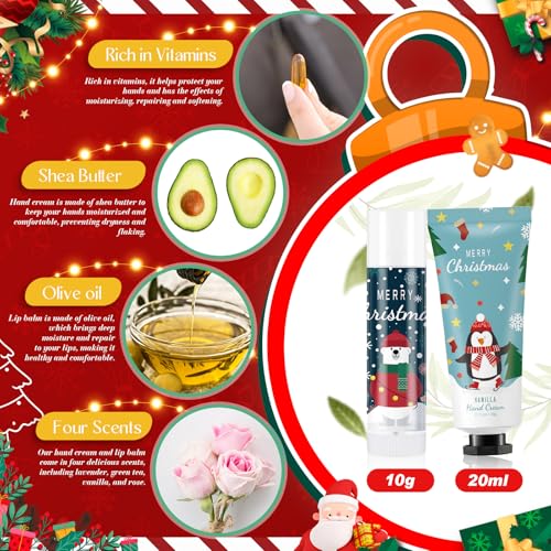 60 Set Christmas Hand Cream Gift Set, Including Moisturizing Christmas Hand Lotion, Xmas Lip Balm, Gauze Bags, Thank You Cards Natural Fragrant Xmas Hand Cream with Lip Balm Christmas Gifts