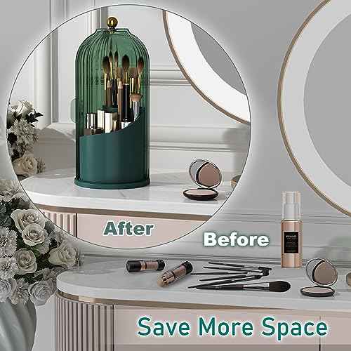 GAXmi Makeup Brush Holder with Lid Cosmetic Tools Organizer 360 Rotating Waterproof Dustproof Beauty Brushes Storage for Vanity, All Green