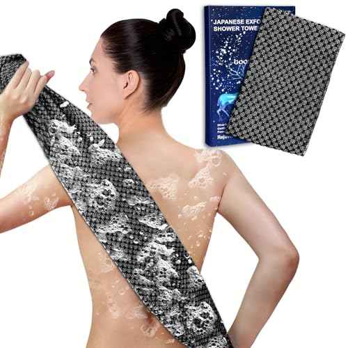 Exfoliating Washcloth Shower Towels, Premium Japanese Exfoliating Body Scrubber, Upgraded Loofah Sponge Rich in Silver Ion and Carbon Fiber, Face & Body Scrub Exfoliator with 2 Levels, Longer