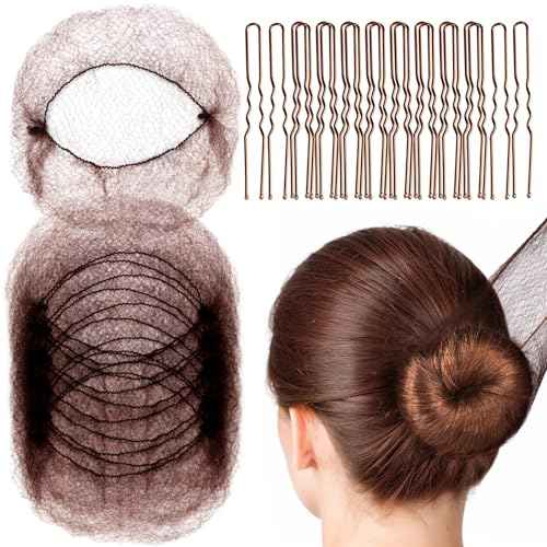 Fandamei Hair Accessories Set: 20PCS Mesh Hair Nets Invisible and 40PCS U Shaped Hair Pins for Women, Girls, Ballet Bun Maker & Dance (Hair Nets- 20 inch(50cm), Hair Pins- 2.4 inch(6cm)), Brown