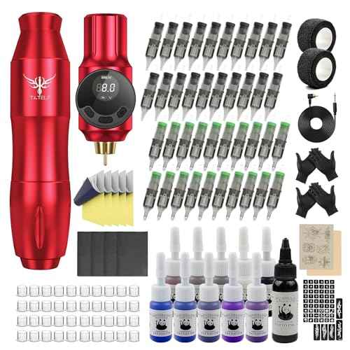 TATELF Tattoo Gun Starter kit Wireless Tattoo Kit Professional Complete Set Rotary Pen Tattoo Machine for Beginners 40pcs Cartridges Needle 2000mAh Tattoo Battery Pack Tattoo Supplies(Red)