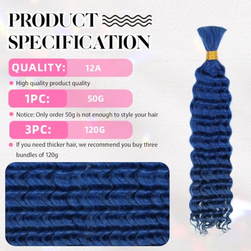 16 Inch Deep Wave Human Braiding Hair for Boho Braids ? 120g 3 Bundles/Pack Blue 100% Unprocessed 12A Brazilian Virgin Human Hair Bulk, No Weft, Wet & Wavy Curly Extensions