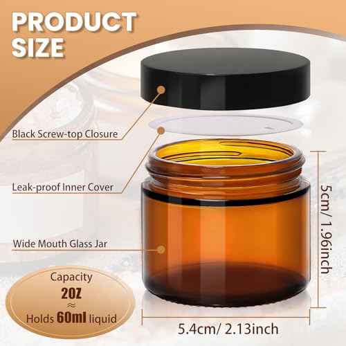 Amber 2oz Glass Jars with Lids - 24 Pack Brown Small Cosmetic Containers with Inner Liners, Wide-Round Smooth Mouth, Sealable for Creams, Lotions, Essential Oils, Body Butter, Travel Samples