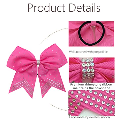 Hipcheer 12PCS 8" Rhinestones Large Cheer Hair Bows for Girls, Hand-made Grosgrain Ribbon Hair Accessories for Teen Girls Softball Cheerleader Sport (Hot Pink)