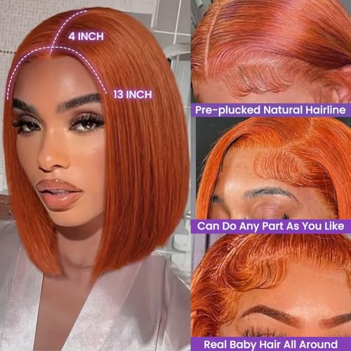 Ginger Orange Bob Lace Front Wigs Human Hair 13x4 HD Transparent Lace Frontal Wigs Pre Plucked Short Bob Wig Straight Wig with Baby Hair #350 Natural Hairline for Black Women 180% Density 10 Inch