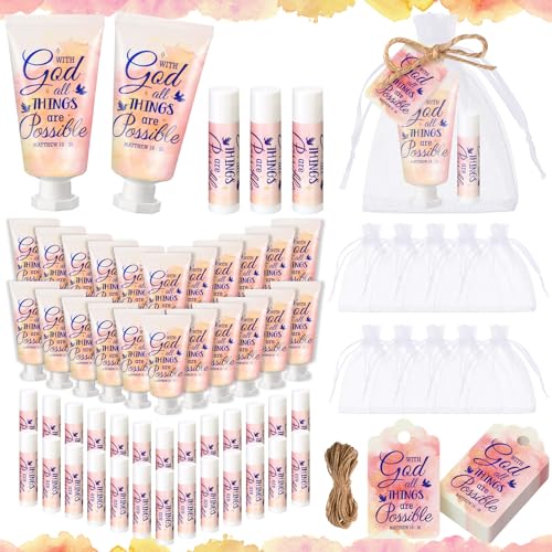 48 Sets Christian Hand Cream and Lip Balm Gift Set Christmas Christian Gift for Women Travel Size Hand Lotion Lip Balm Bulk with Organza Bag and Tag for Baby Shower Mom Holiday Gift(Groovy)