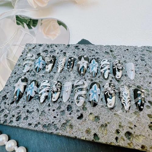 30pcs Snake Press On Nails Medium Length Almond Flower Fake Nails with 3D Spider Web Rhinestone Design,Designer Press On Star Pattern Gothic Punk Dark Black Silver Y2k Style,Acrylic Nail Set for Women