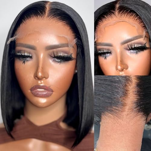 Bob Wig Human Hair 13x4 Lace Frontal Short Straight Lace Front Bob Wigs for Black Women Human Hair Pre Plucked Glueless Side Part 180% Density Black Color 10 Inch