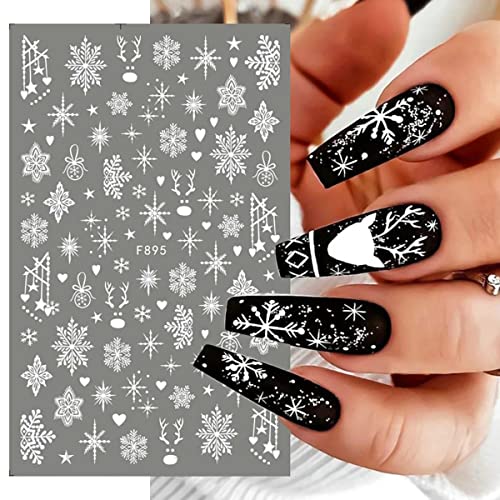 8 Sheets 3D Snowflake Nail Art Stickers Christmas Nail Decals Self-Adhesive White Glitter Snowflake Nail Stickers Reindeer Snowflakes Nail Design Winter Xmas Nail Decoration for Women Girls