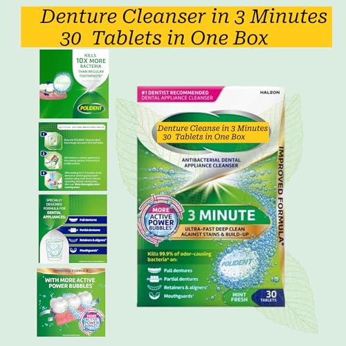 3 Minute Denture Cleaner 30 Tablets in Triplemint Bundle with Dentu-Care Denture Cleaning Cup Case With Lid Basket and Draining Basket for Cleaning and Storing